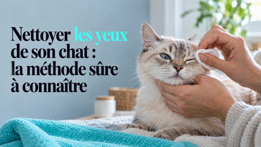 Une main nettoyant délicatement l’œil d’un chat
