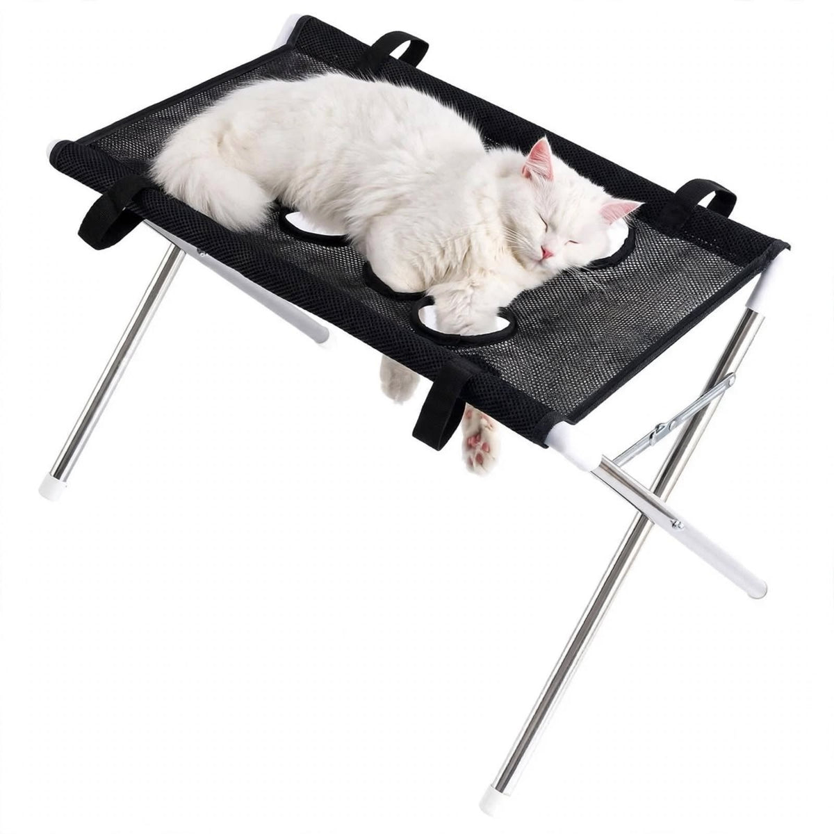Blue foldable cat grooming hammock table with breathable mesh surface, black support loops, and silver metal X-frame