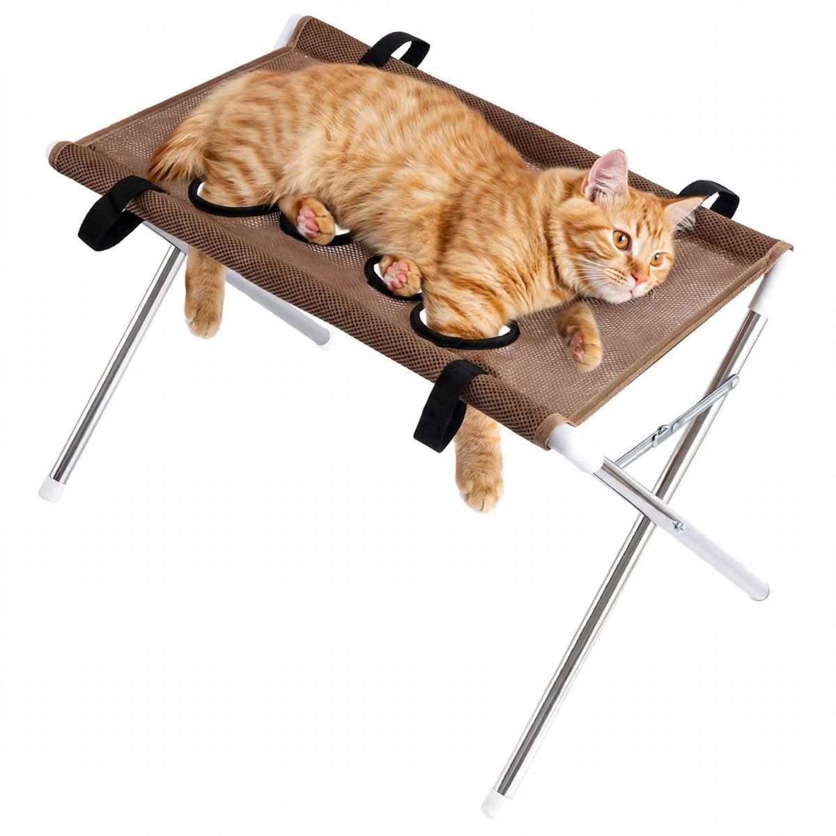 Blue foldable cat grooming hammock table with breathable mesh surface, black support loops, and silver metal X-frame