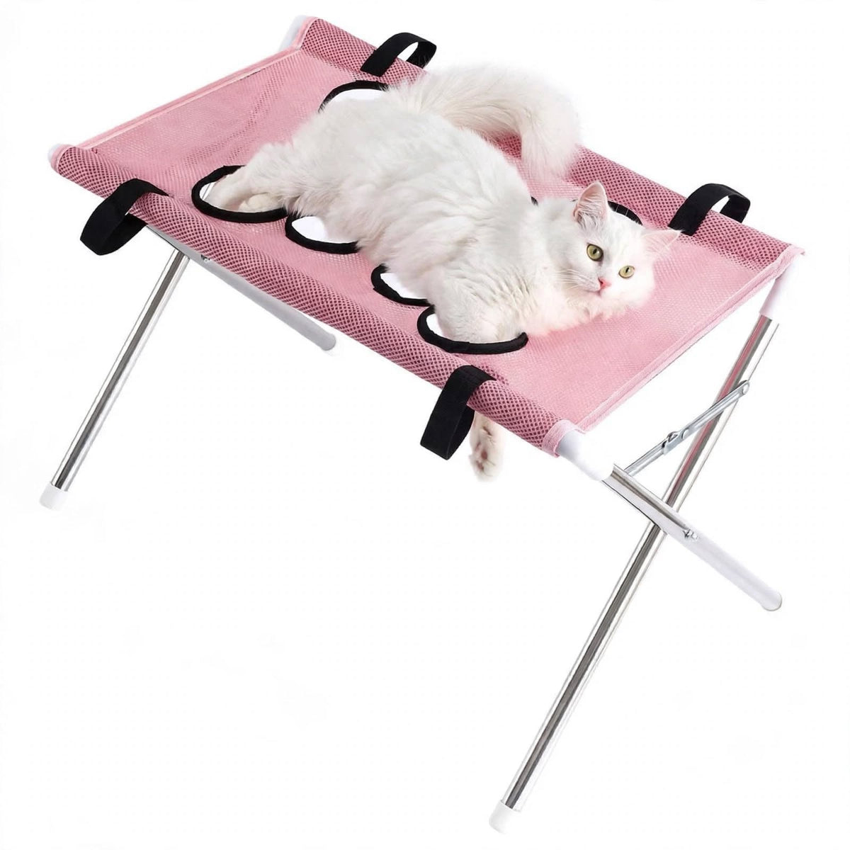 Blue foldable cat grooming hammock table with breathable mesh surface, black support loops, and silver metal X-frame